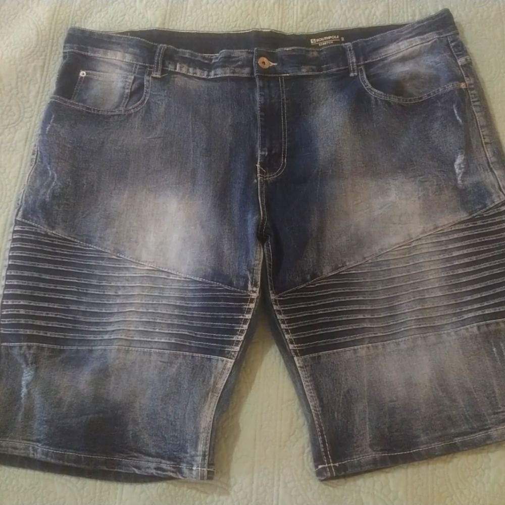 South Pole Blue Moto Jean Shorts with Distressed Finish